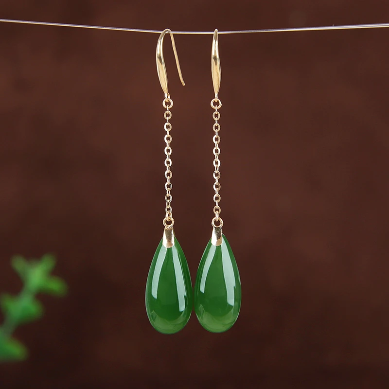 高品质18K金镶和田碧玉水滴耳坠女长款简约气质玉石耳环时尚耳饰