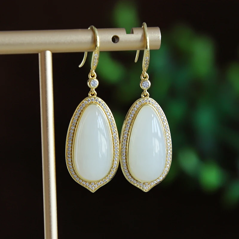 高品质天然和田玉耳环女送妈妈 高档白玉耳钩玉石耳饰