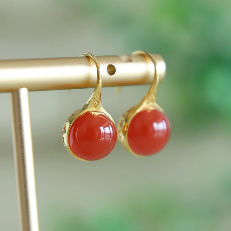 高品质金镶天然原矿南红耳坠女 简约时尚冰红耳环红色高跟鞋耳饰