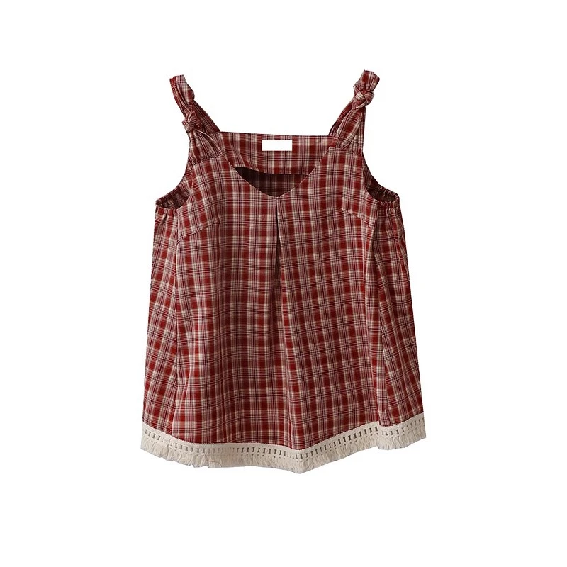 原创自制夏季新款度假风打结设计下摆流苏宽松格子小吊带背心上衣