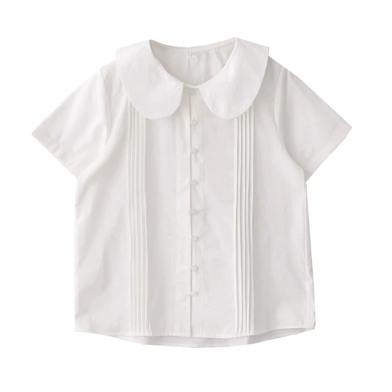 原创夏季新款日系乖巧可爱复古风琴褶纯棉宽松娃娃领衬衫衬衣上衣