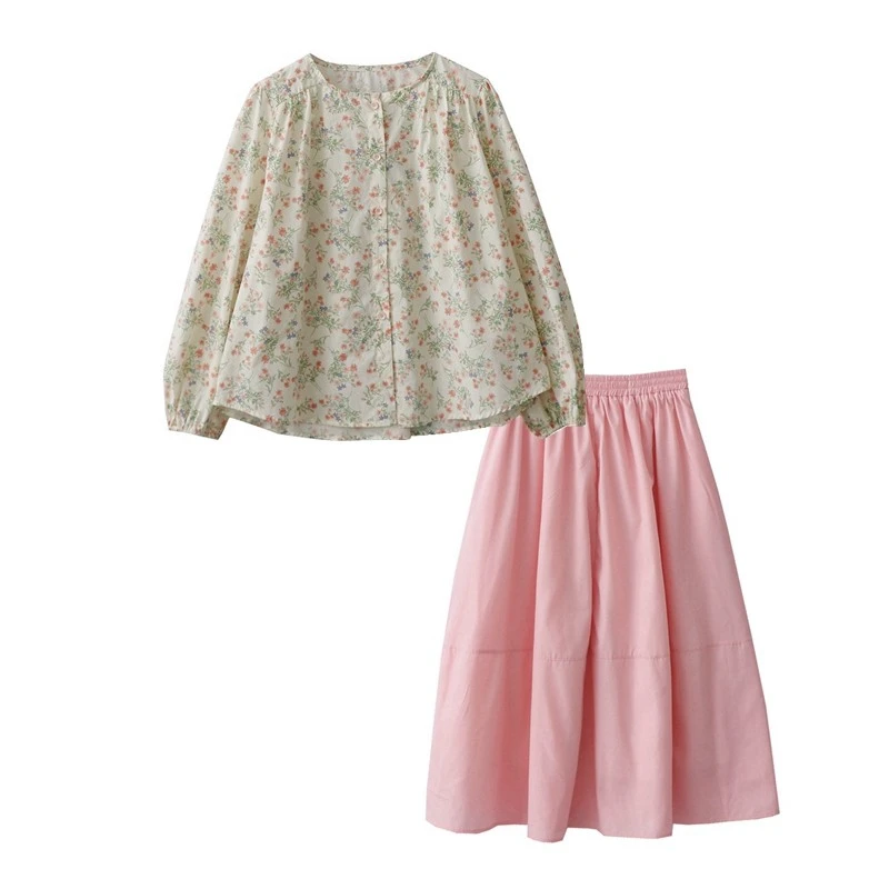 自制秋季新款法式温柔风宽松慵懒风碎花衬衫+半身长裙两件套装女