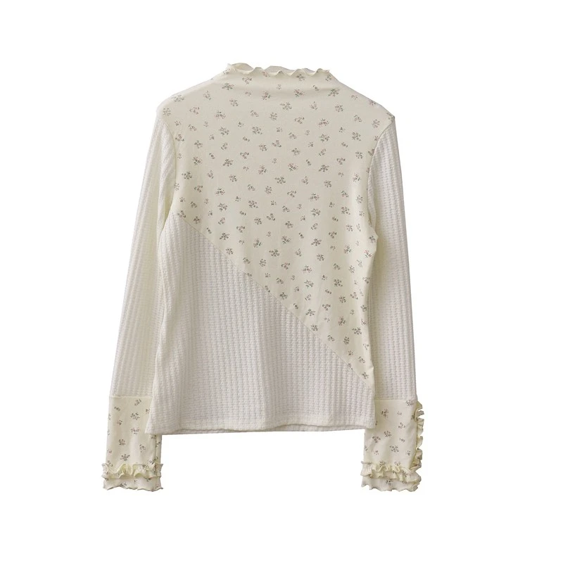 原创自制甜美温柔风碎花不规则拼接木耳边半高领叠穿T恤可爱上衣