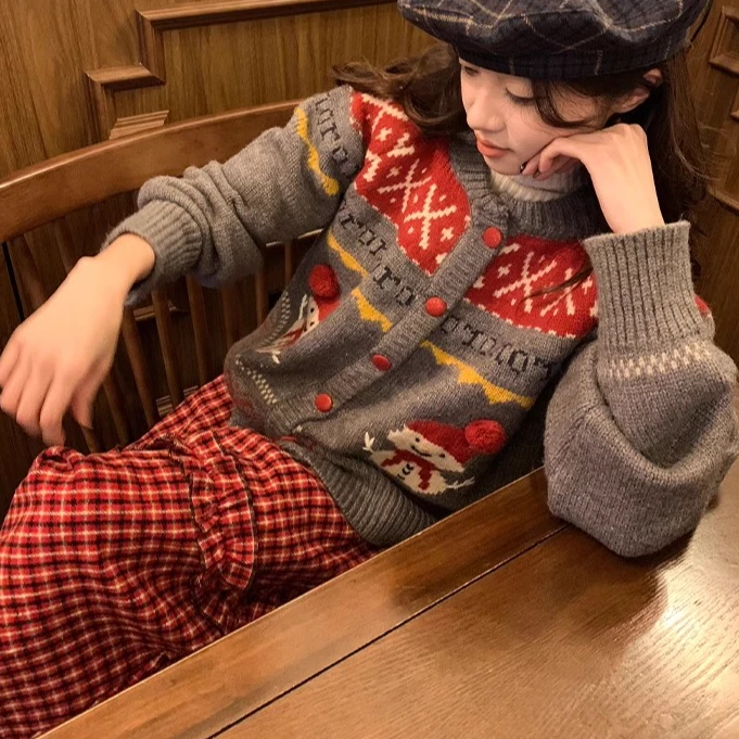 法式复古甜美浪漫风木耳边拼接红色格子毛呢半身裙女中长款A字裙