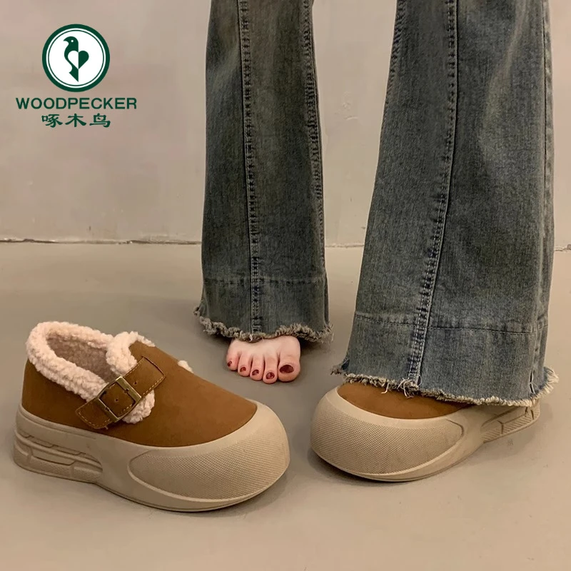 啄木鸟保暖厚底雪地棉鞋女冬季加绒加厚2024新款一脚蹬面包勃肯鞋