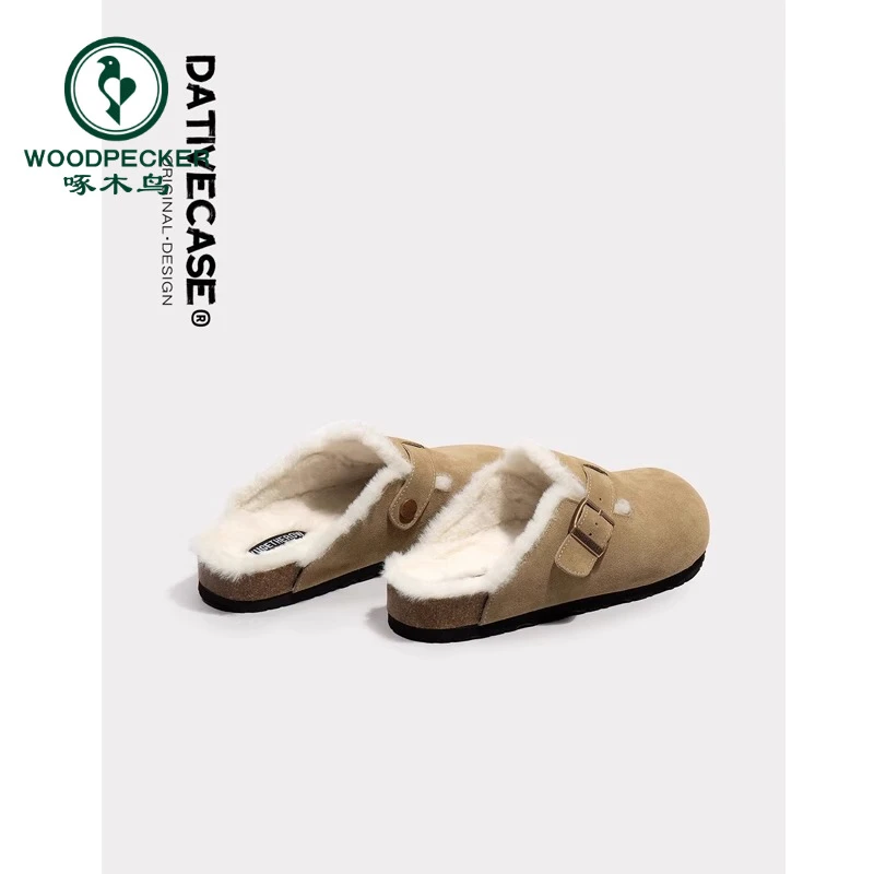 啄木鸟毛毛勃肯鞋女2025秋冬新款爆款一脚蹬加绒博肯懒人厚底半拖