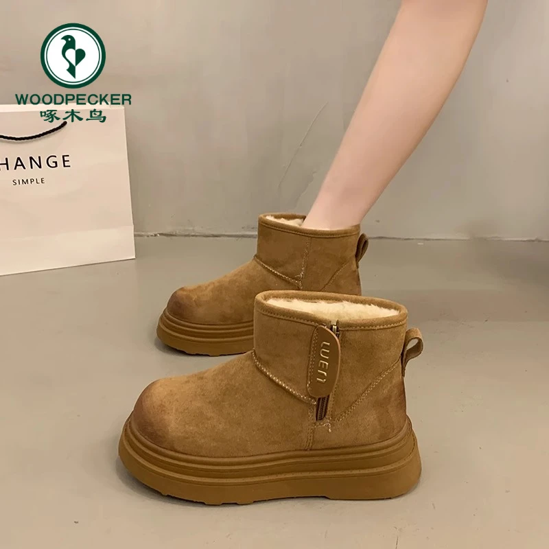 啄木鸟厚底雪地靴女冬季加绒加厚2024年新款保暖棉鞋外穿防滑短靴