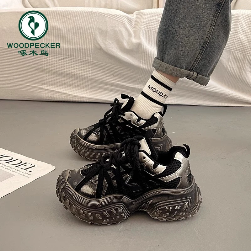 啄木鸟爆款炸街厚底老爹鞋女2024新款秋季休闲德训网面透气运动鞋