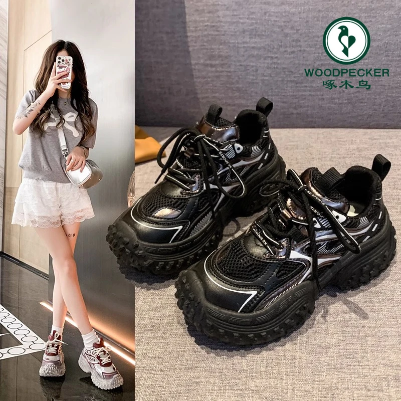 啄木鸟爆款厚底老爹鞋女款2024秋季新款薄款透气网面运动休闲鞋子