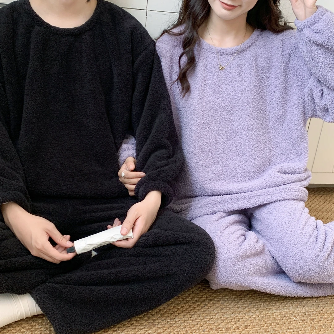 网红秋冬季情侣款睡衣男女半边绒加绒加厚保暖休闲长袖家居服套装