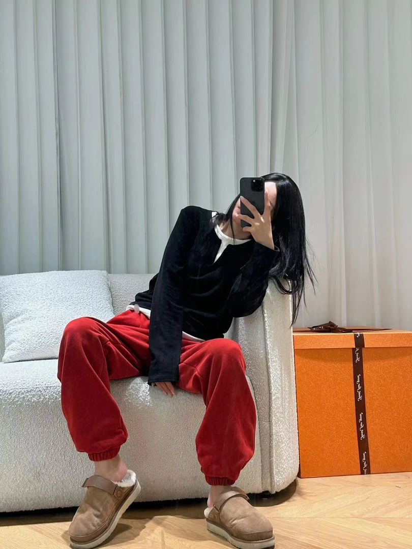 JSR studio【血橙】冬季新品加绒红色运动裤宽松秋冬纯色