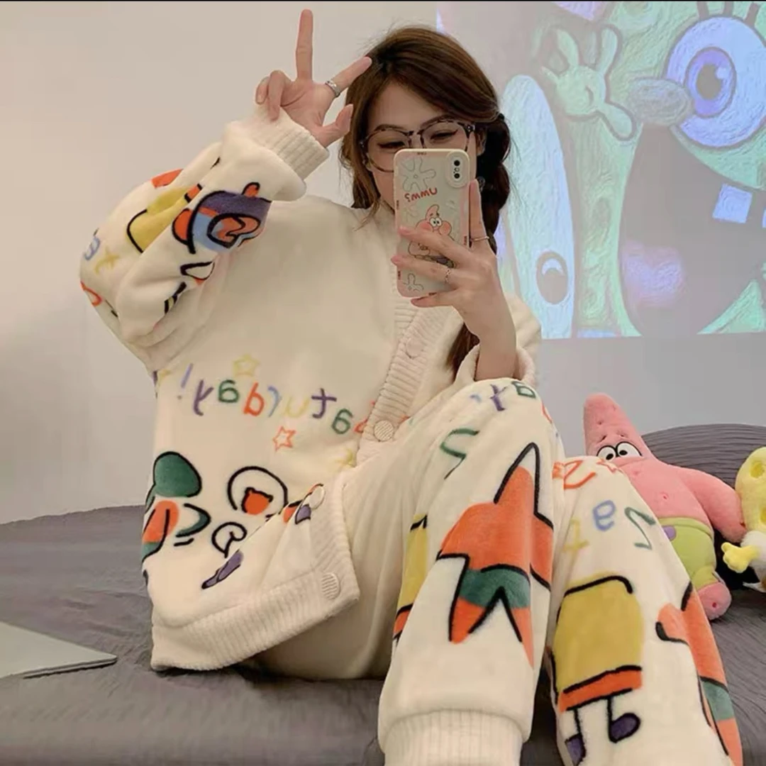 A27派大星网红睡衣长袖女款秋冬季加绒加厚可爱卡通家居服套装
