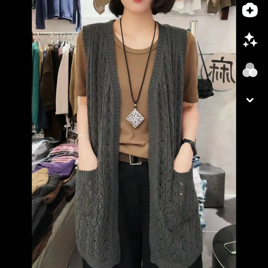 （FH）1755春夏款针织开衫马甲简约百搭款时尚休闲宽松镂空马夹无袖