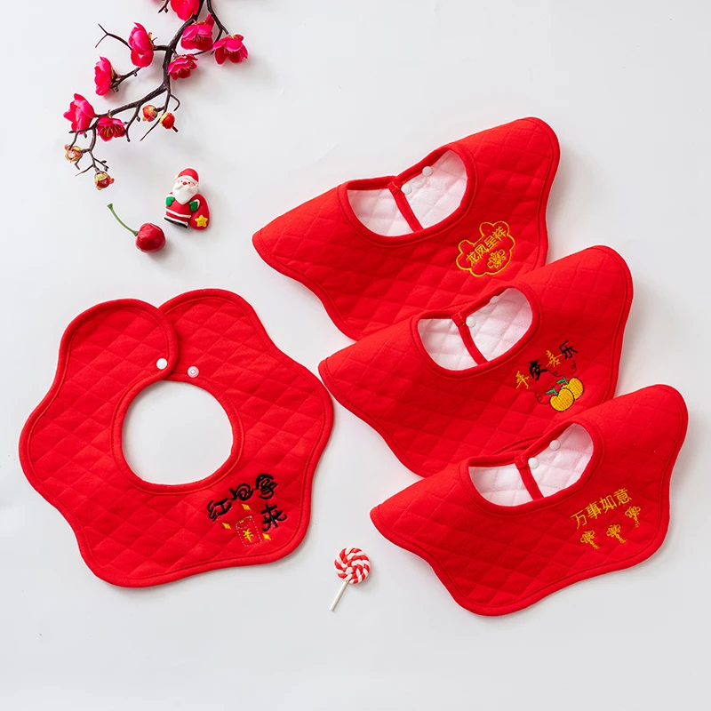 大红婴儿防水口水巾360度旋转宝宝棉布围嘴新生儿过年喜庆口水兜