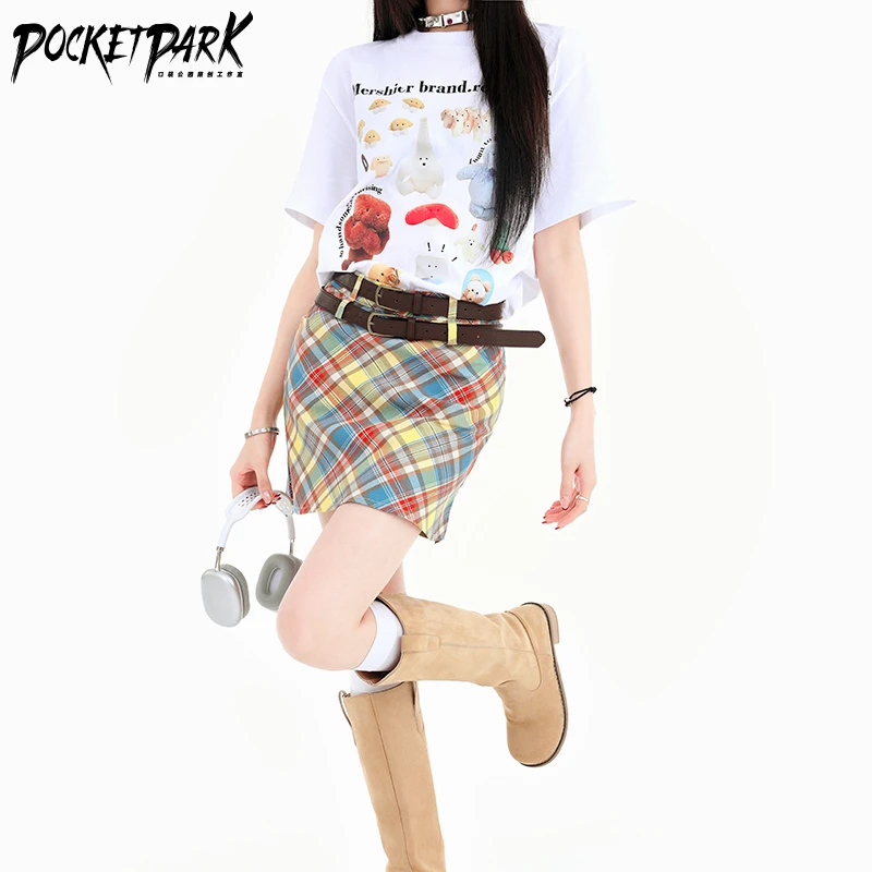 PocketPark美式复古高腰显瘦多巴胺彩色格纹气质a字短裙格子夏季