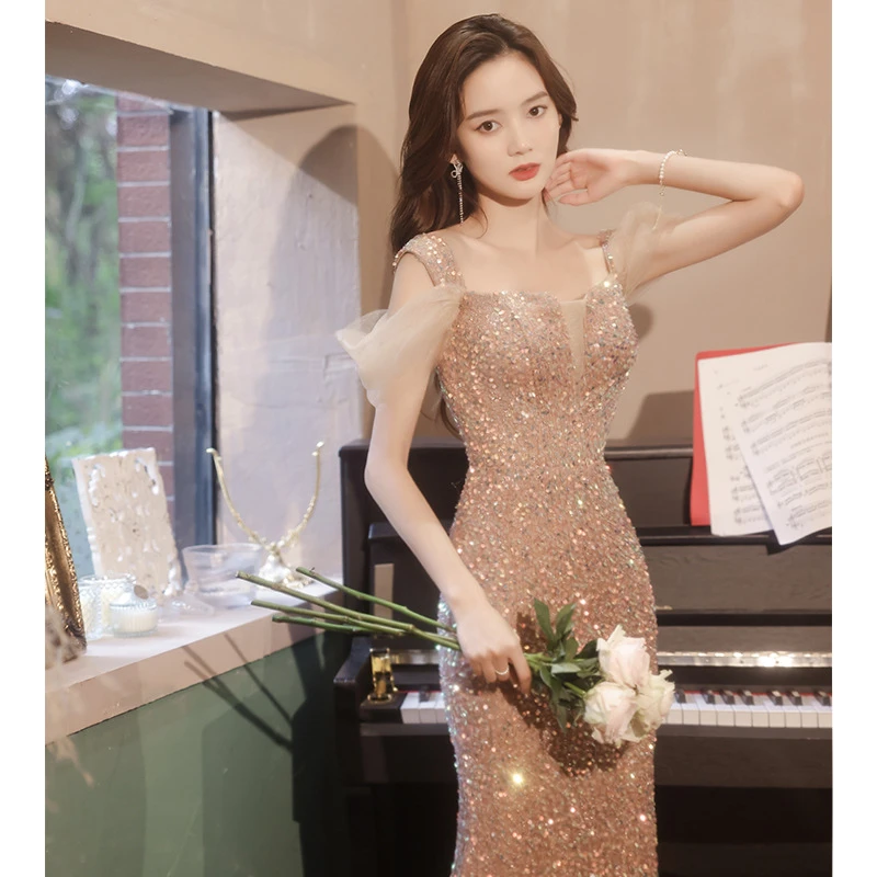 金色晚礼服2025春季新款宴会优雅名媛主持人宴会聚会派对连衣裙女