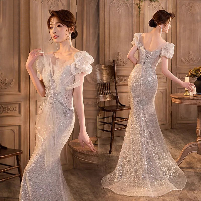 2025生日晚礼服艺考演出服新款年会主持人晚礼服收腰鱼尾亮片裙女