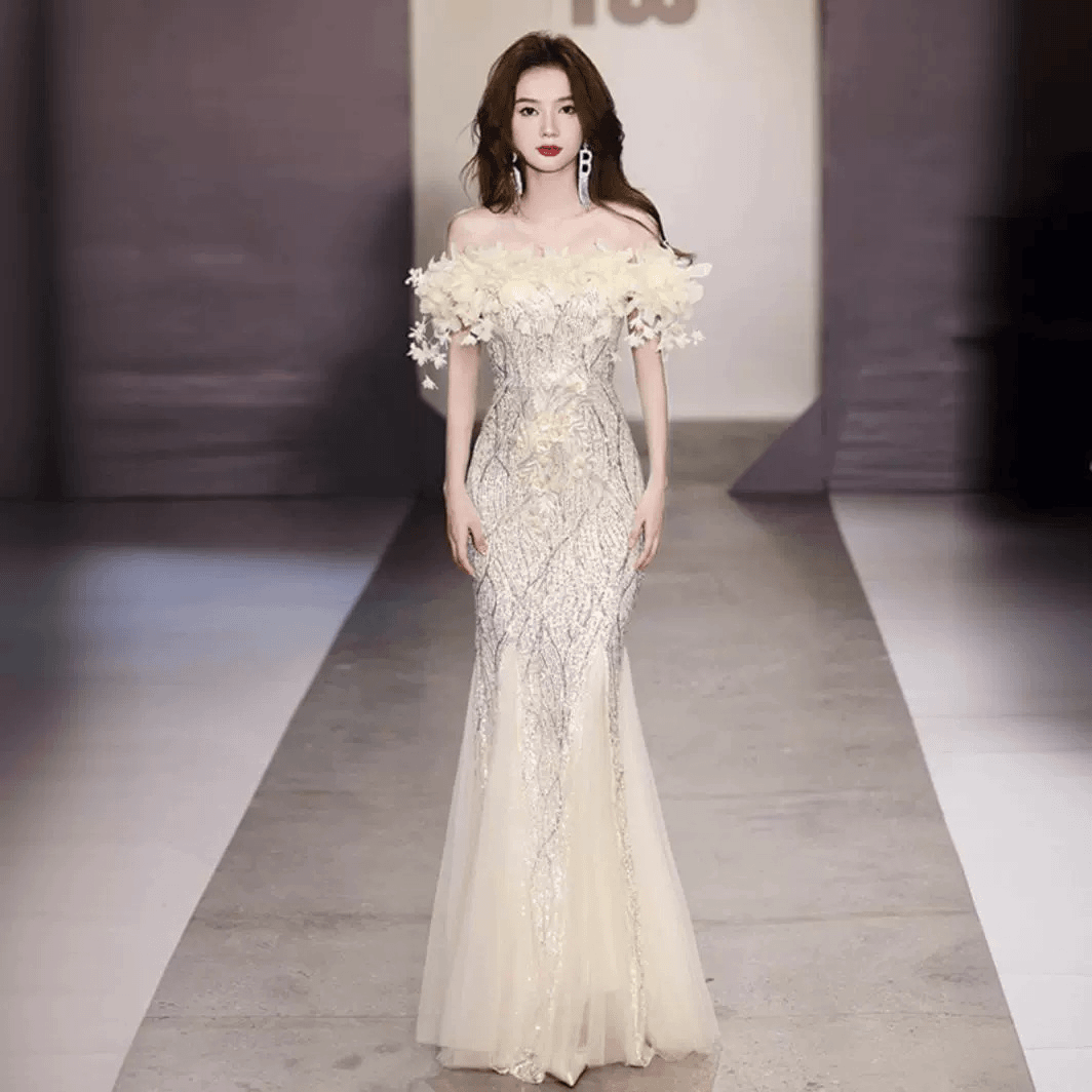 鱼尾晚礼服裙2024新款高定宴会主持人艺考独唱演出亮片一字肩礼服