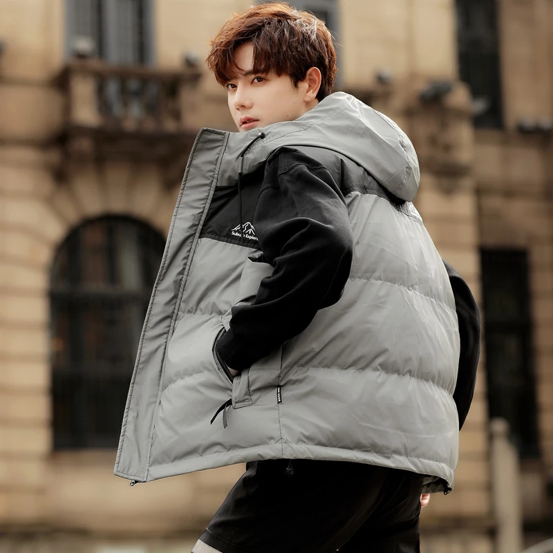 拼色连帽短款羽绒马甲男士宽松加厚保暖白鸭绒秋冬坎肩高级感外套