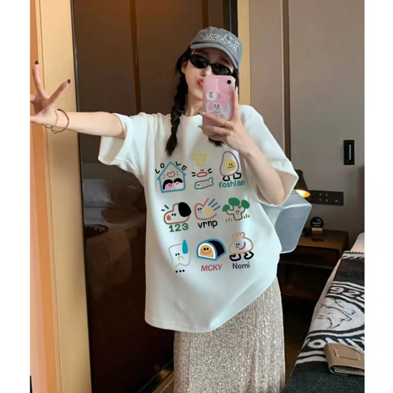 2025新款纯棉圆领短袖T恤女ins百搭印花浅色学生情侣休闲宽松