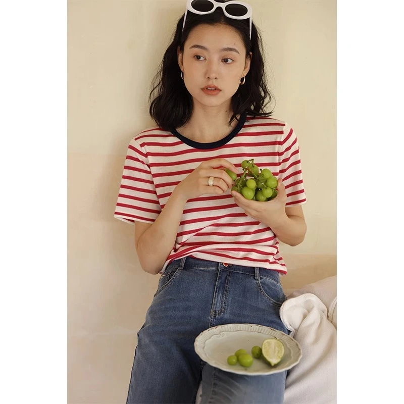 HeyDress法式撞色条纹T恤女正肩短袖夏季宽松设计感时尚百搭上衣