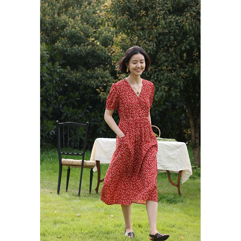 HeyDress法式碎花连衣裙女夏季复古V领显瘦温柔气质度假红色裙子