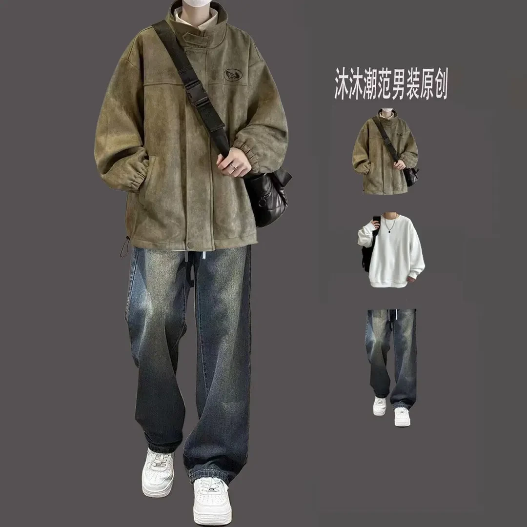 美式鹿皮绒立领日系夹克男2024秋冬款加绒潮牌青少年宽松休闲外套