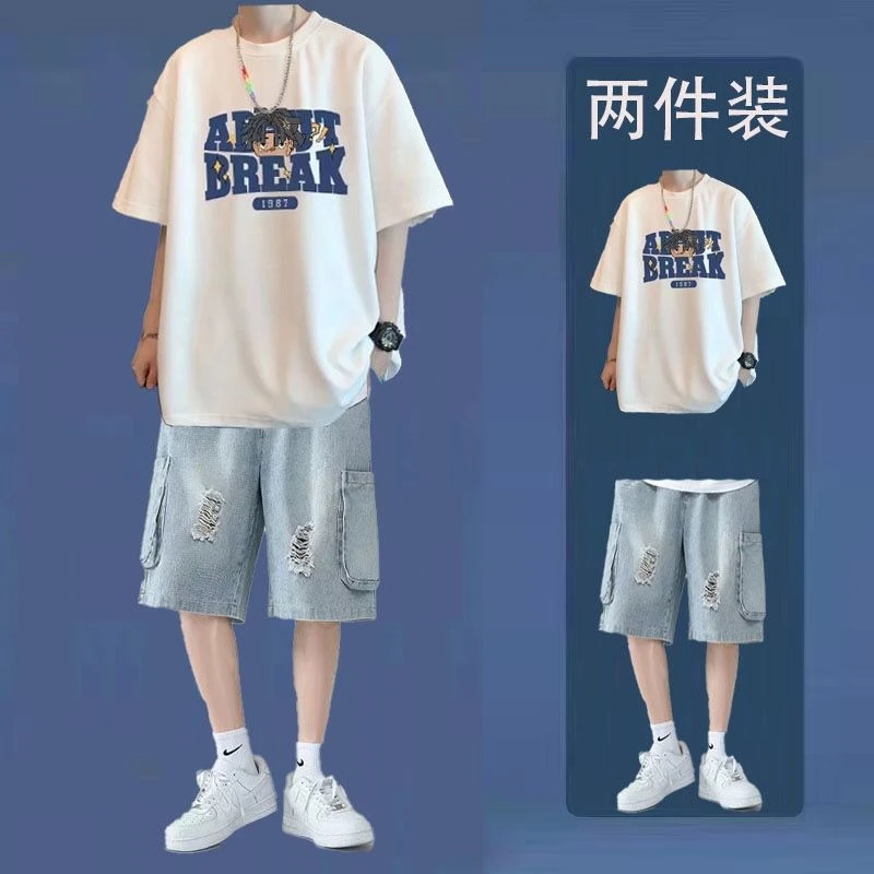 夏季纯棉短袖t恤男潮流男士套装搭配圆领T恤痞帅牛仔短裤两件套