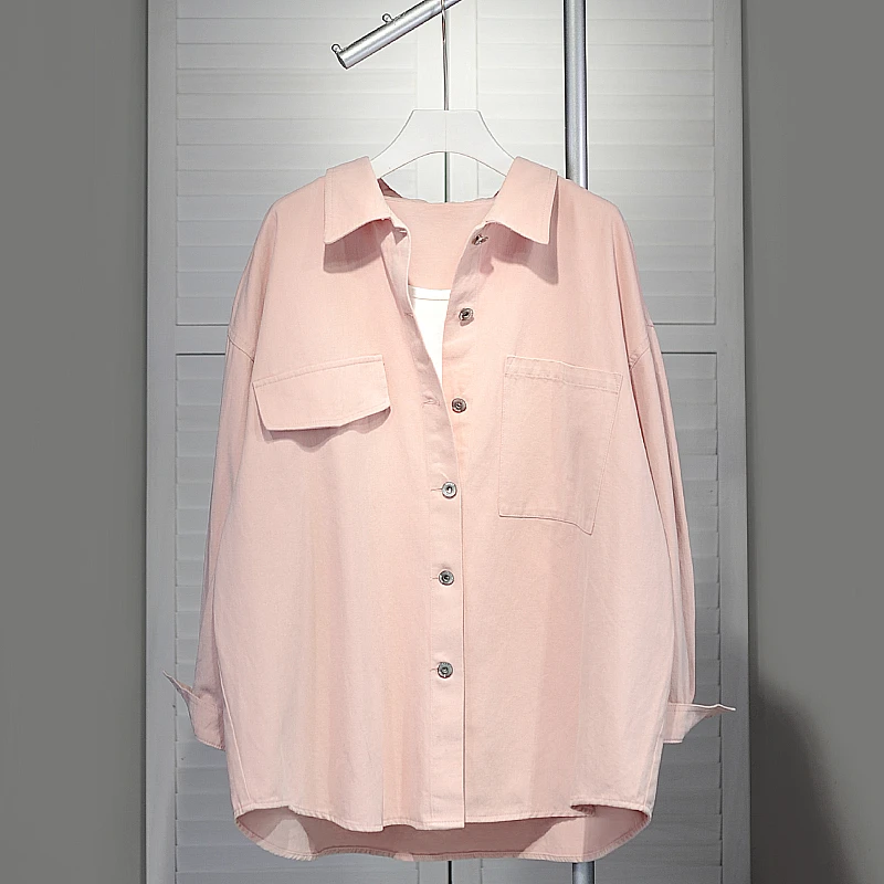 宽松藕粉色衬衫女2024春秋款设计感长袖纯色衬衣休闲百搭翻领上衣