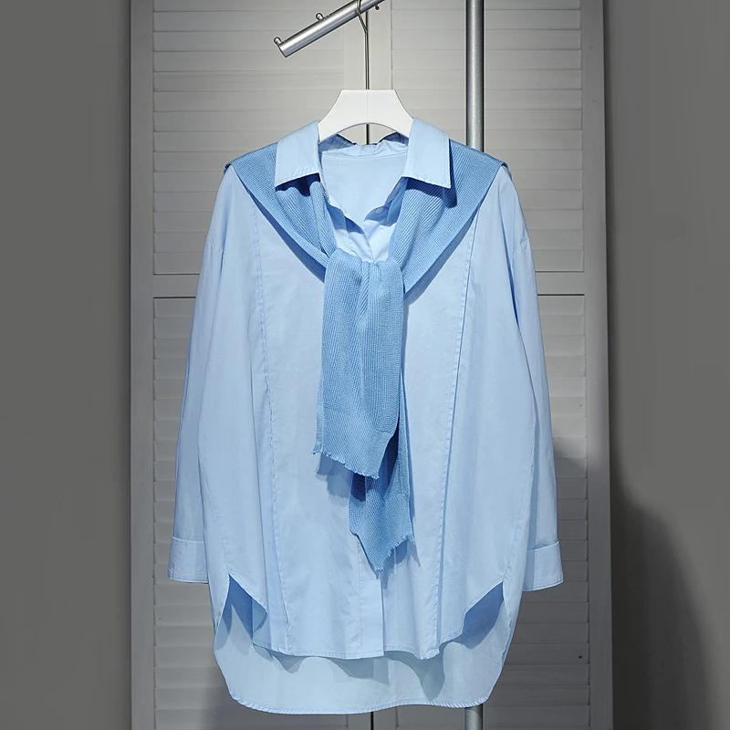 高级感披肩衬衫两件套2024新款设计蓝色衬衣开衫宽松百搭纯色上衣