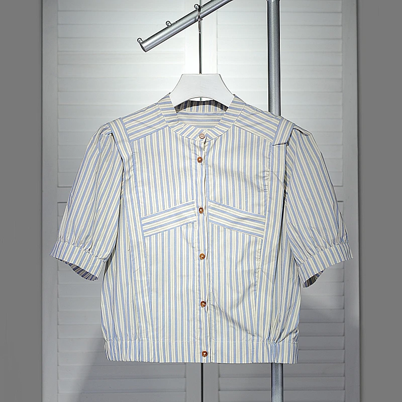 短款显瘦条纹衬衫女2024夏季新款小个子短袖衬衣开衫休闲百搭上衣