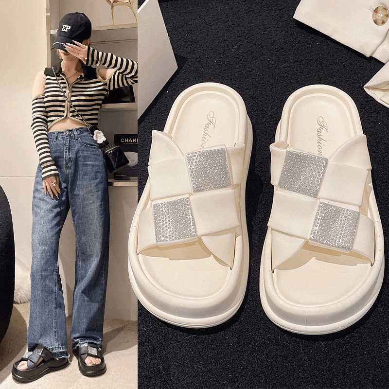 2024新款方钻4.5CM增高女鞋小香风水钻网红时尚百搭厚底休闲拖鞋