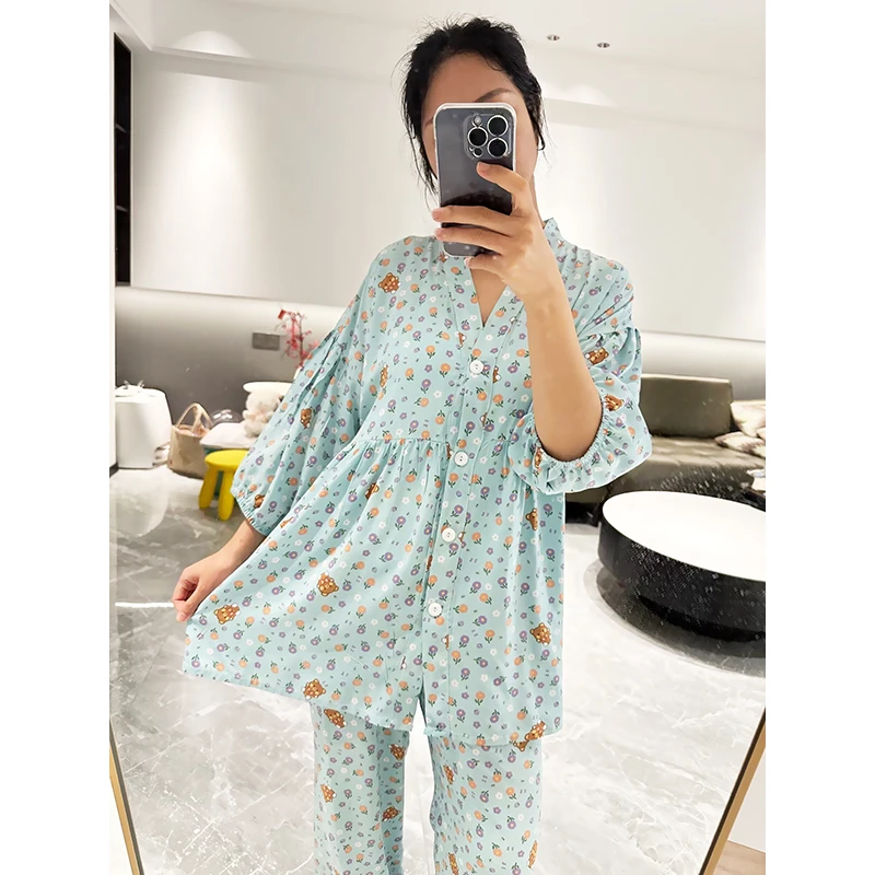 夏季睡衣棉绸长袖亲子装家庭套装母女装大码妈妈女士薄款居家服