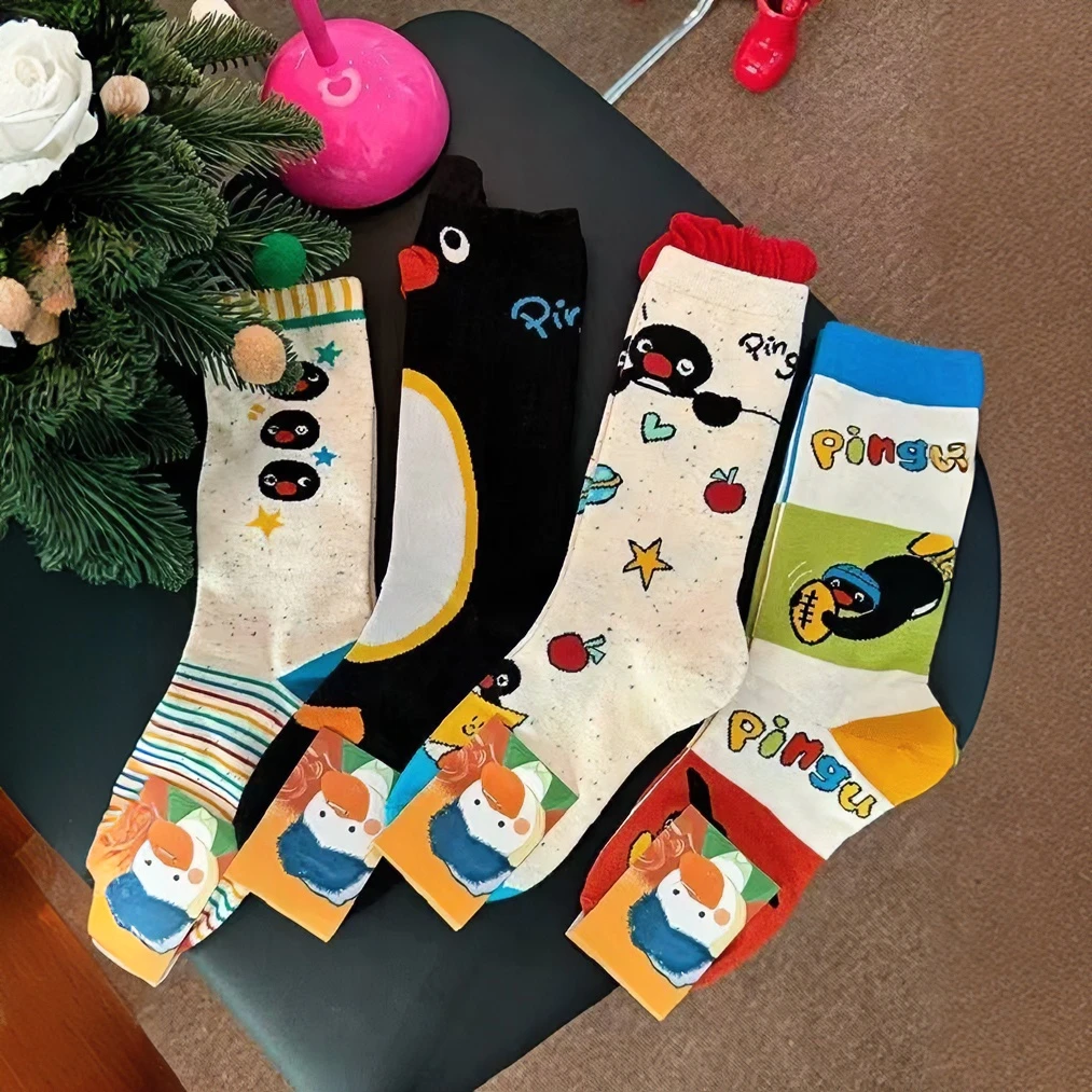 百搭卡通原创可爱袜子女中筒袜秋冬ins潮简约小企鹅中筒袜学生