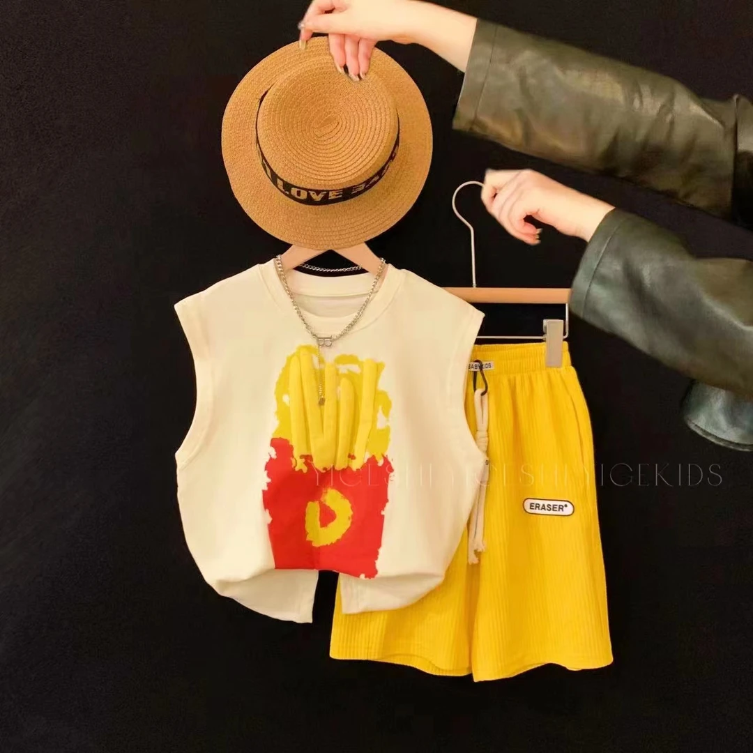 【现货】儿童中大童卡通套装两件套休闲韩版无袖上衣裤子套装YG5225