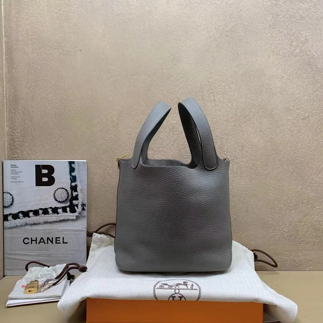 95新  壹臻中古/Hermes 积雨云灰金扣菜篮子18u 刻 34694410