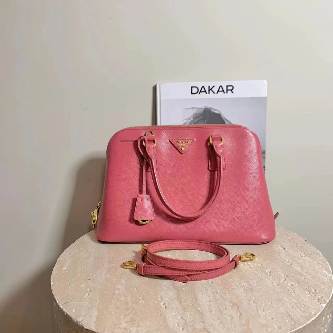 95新 Prada/普拉达 壹臻中古/ 蜜桃粉十字纹贝壳包 中号 43965561