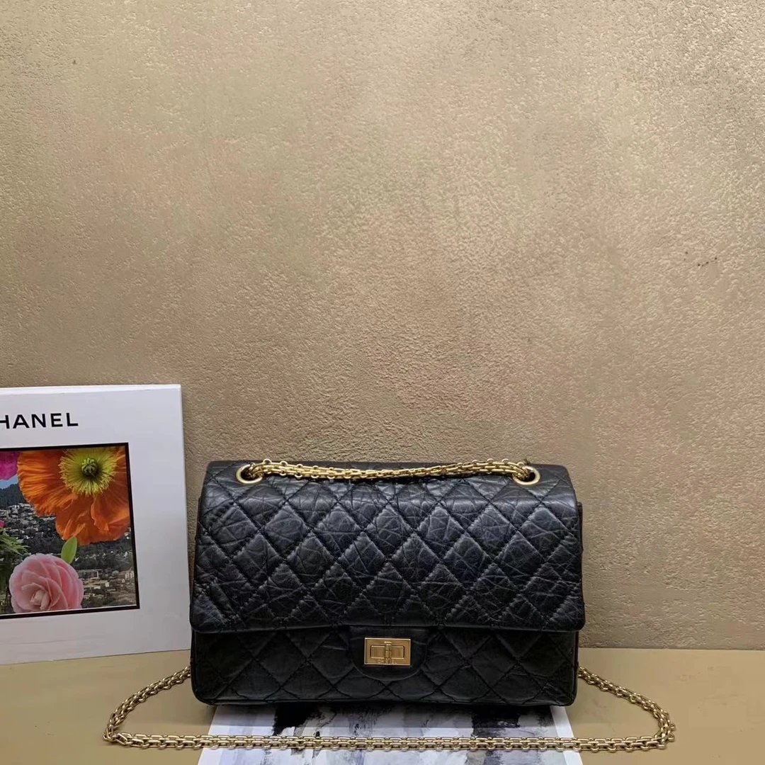 95新 Chanel/香奈儿 susu/黑金2.55大号单肩包 13开 dx1613