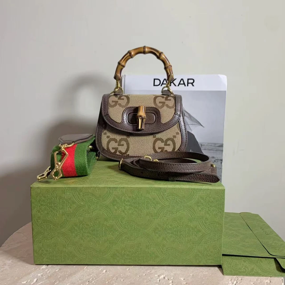 95新 GUCCI/古驰 壹臻/帆布拼皮1947mini竹节包 23002187