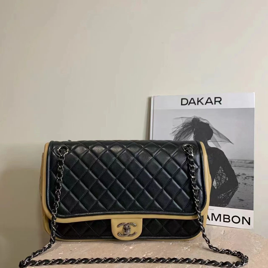 95新 Chanel/香奈儿 壹臻中古/黑拼奶茶色口盖包 18开 68022171