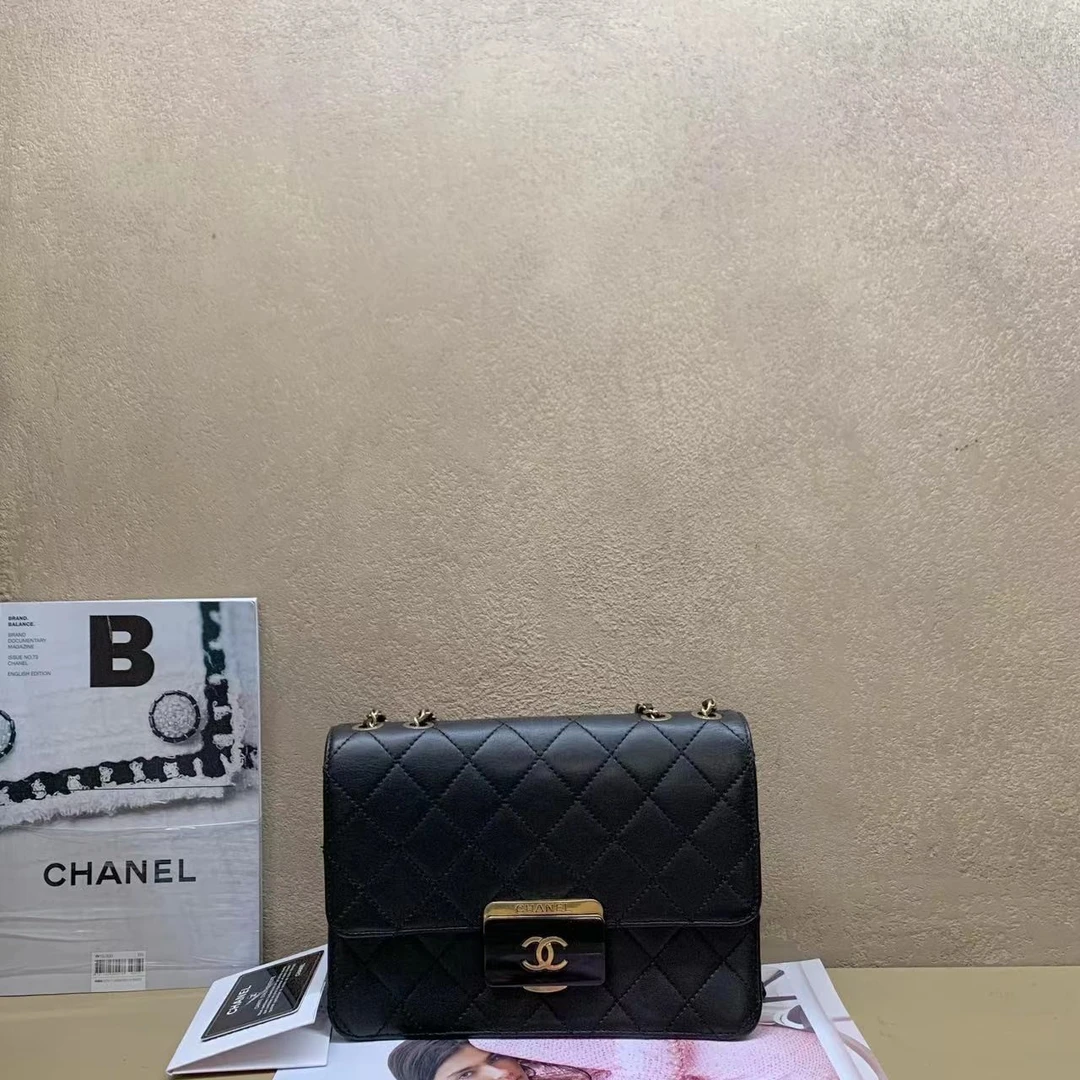 95新  壹臻中古/拆单尾款Chanel黑金羊大方扣口盖包22开34312767