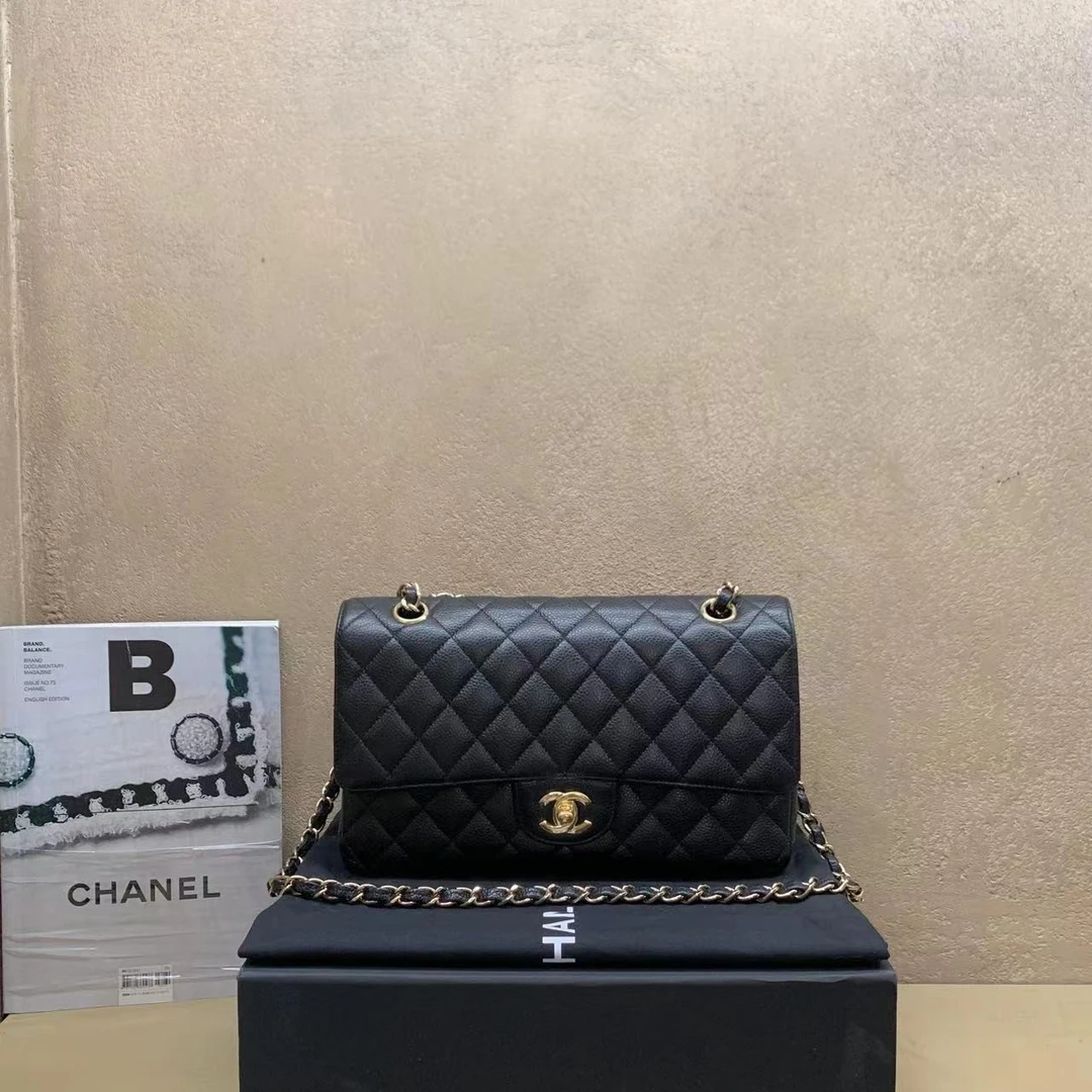 95新  壹臻中古/拆Chanel黑金荔枝牛cf中号12开 肩包dx1483