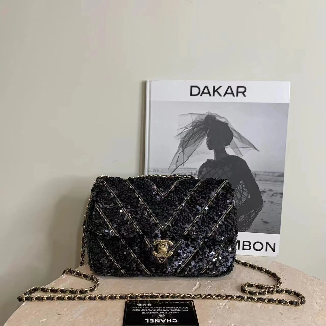 95新 Chanel/香奈儿 壹臻/26开 黑金V纹亮片CF单肩包/77062506