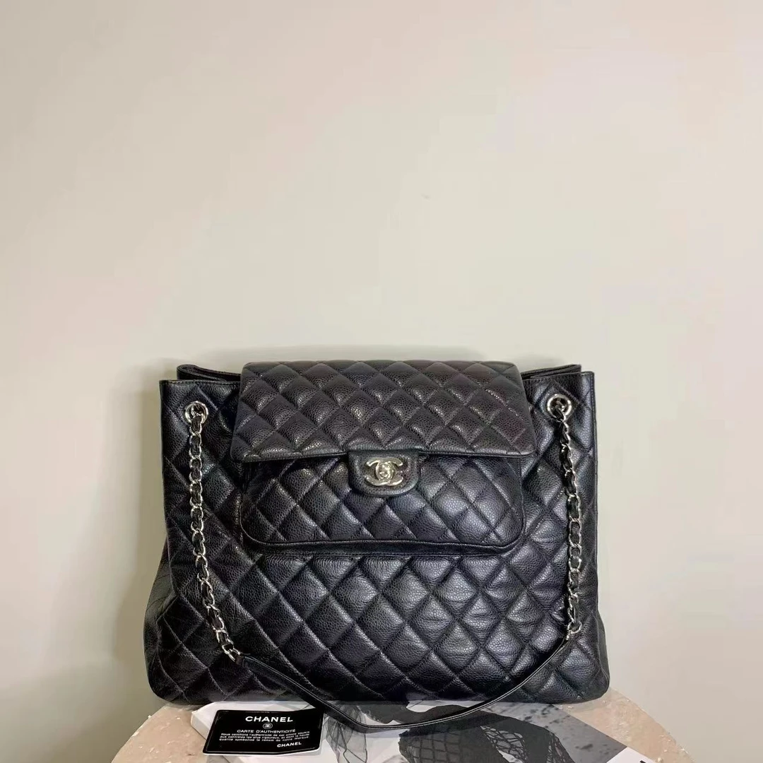 95新 Chanel/香奈儿 壹臻/ 黑银双口袋机场tote 18开 87336098