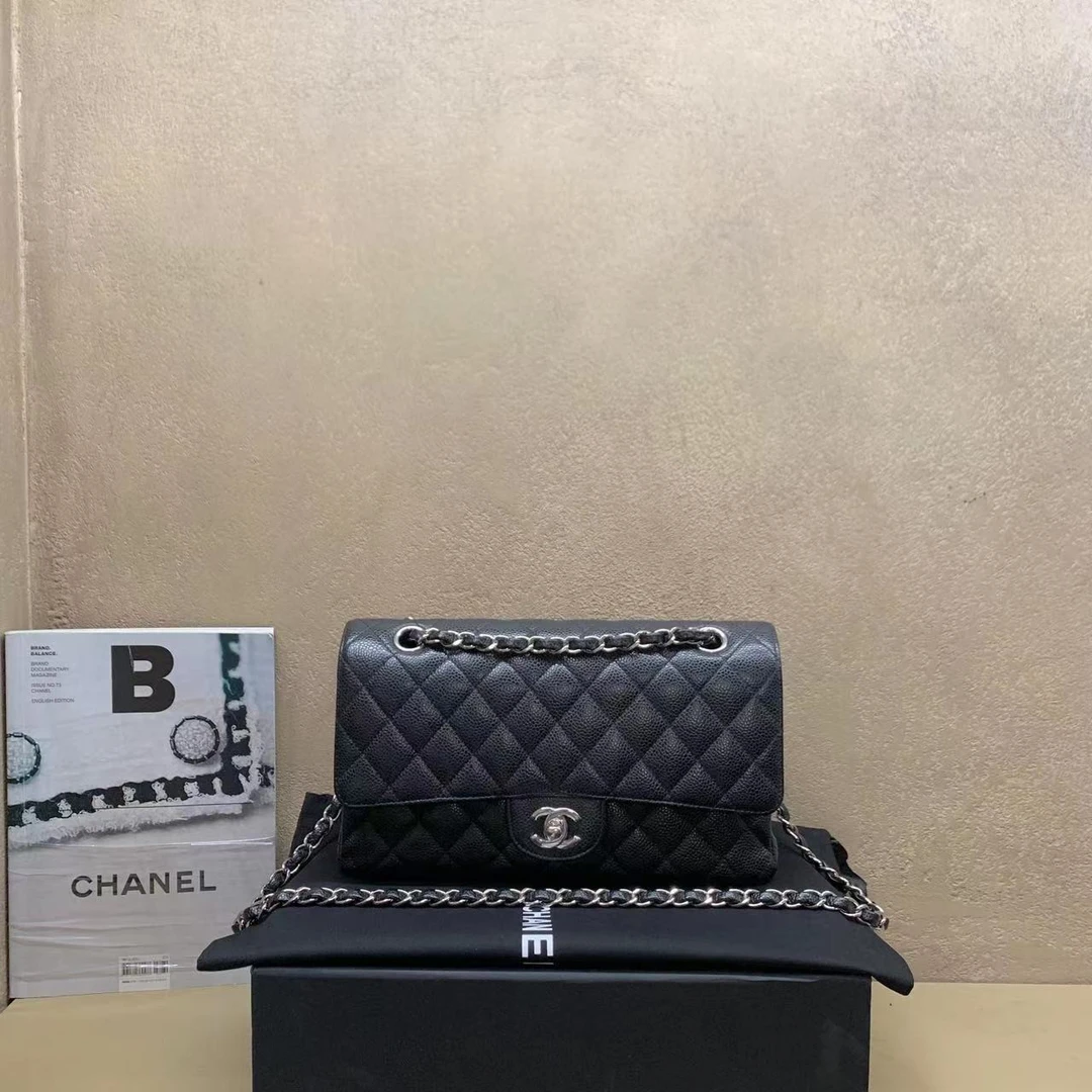 95新  壹臻中古/Chanel黑银荔枝牛cf中号15开 dx1489