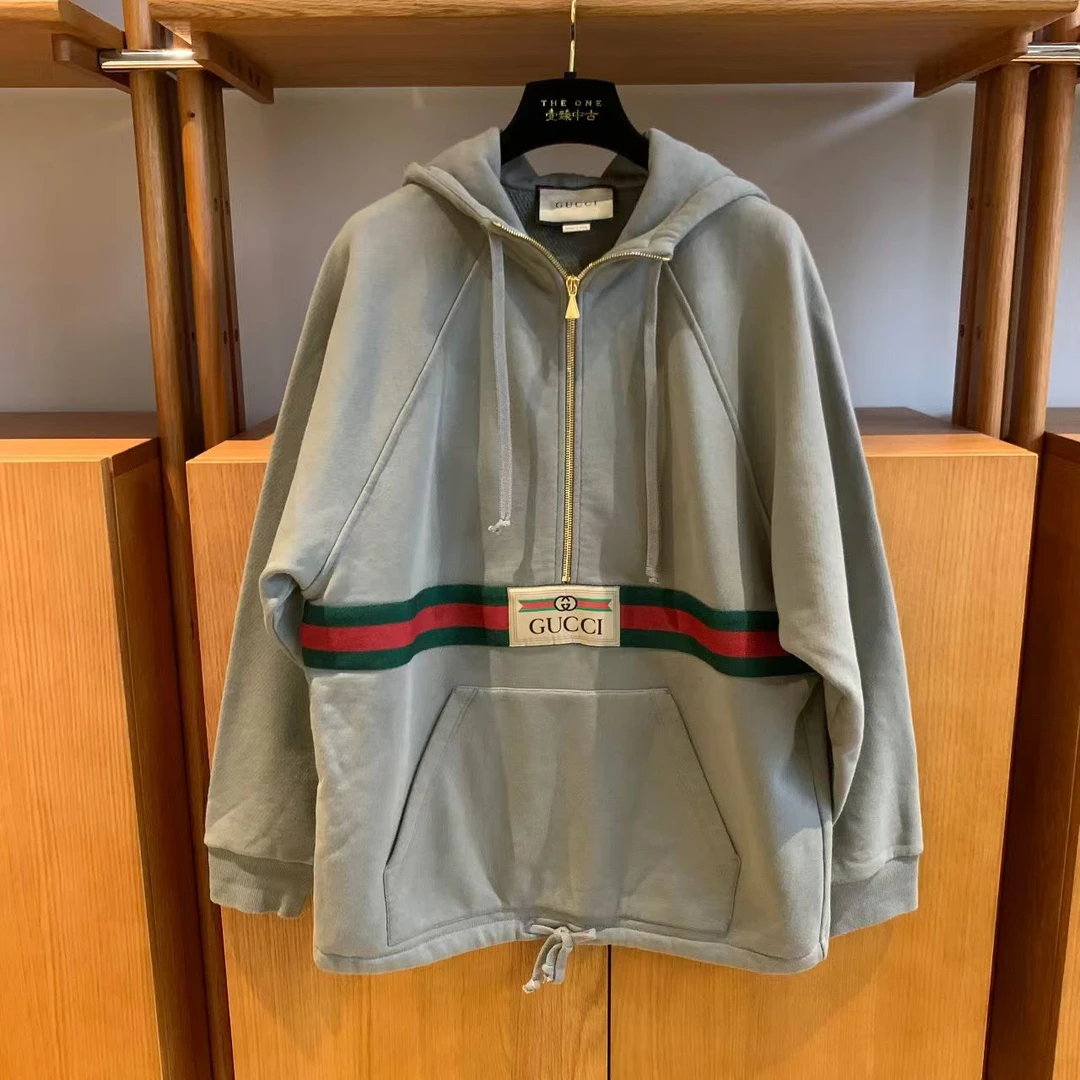 99新 GUCCI/古驰 壹臻/ 灰色条纹刺绣连帽卫衣杏X崬xS 17356940