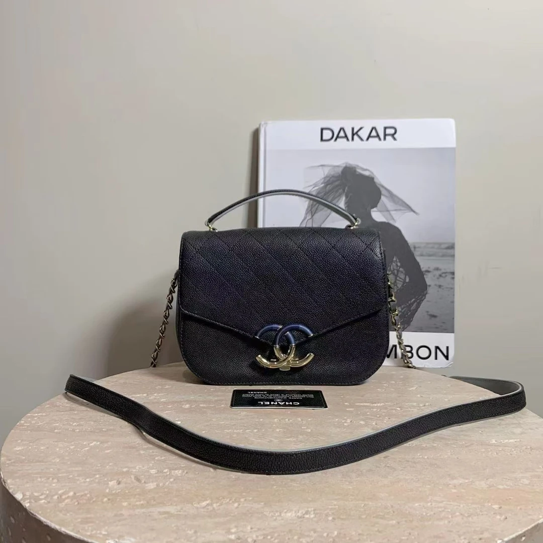 95新 Chanel/香奈儿 壹臻/ 黑金古巴邮差包小号 25开 dx1818