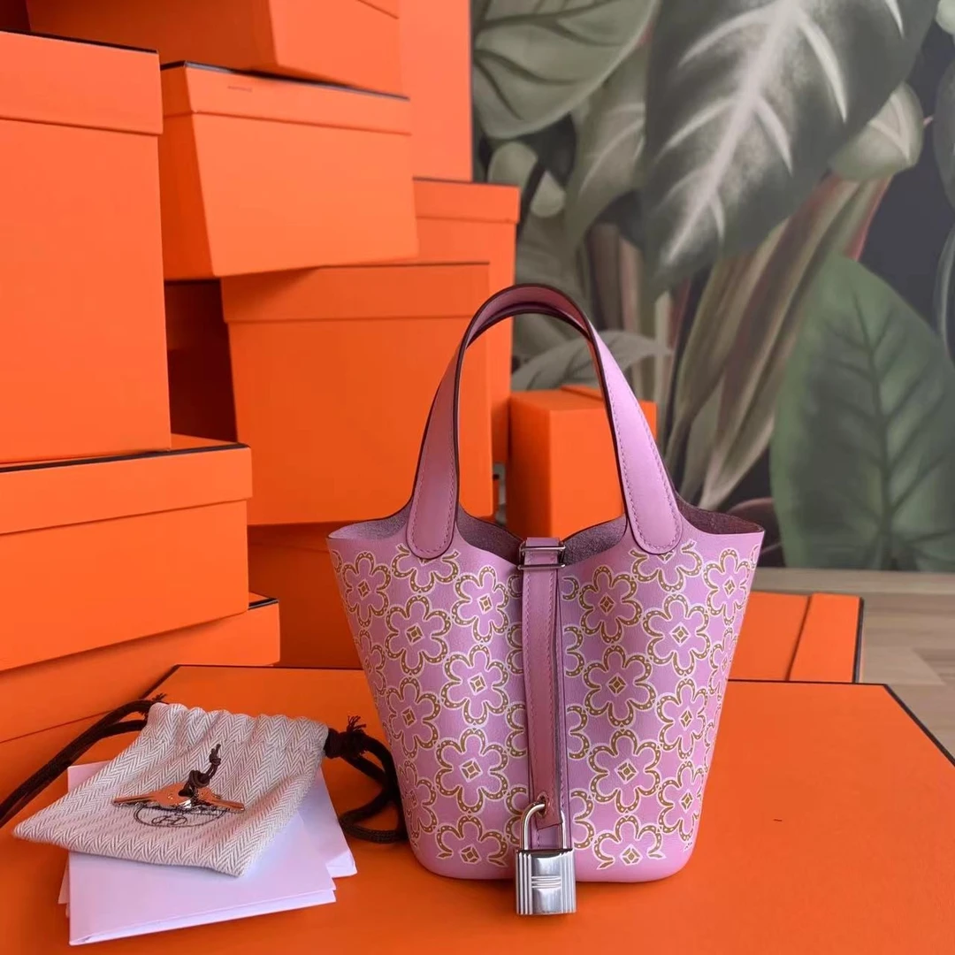 99新 Hermes/爱马仕 壹臻/锦葵紫小花菜篮子mini u刻 96395685