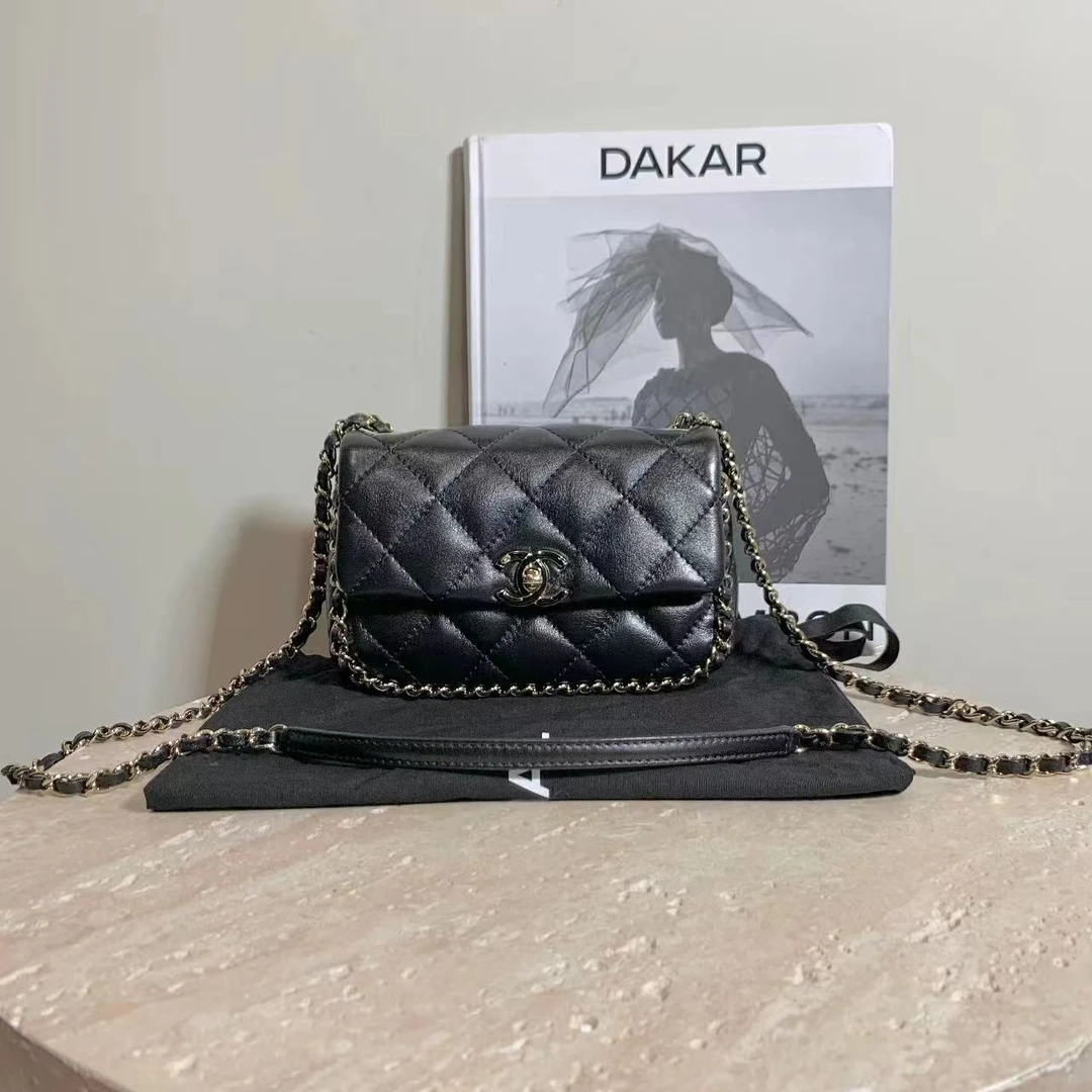 99新 Chanel/香奈儿 壹臻中古/黑金皮穿链方胖子 7242210