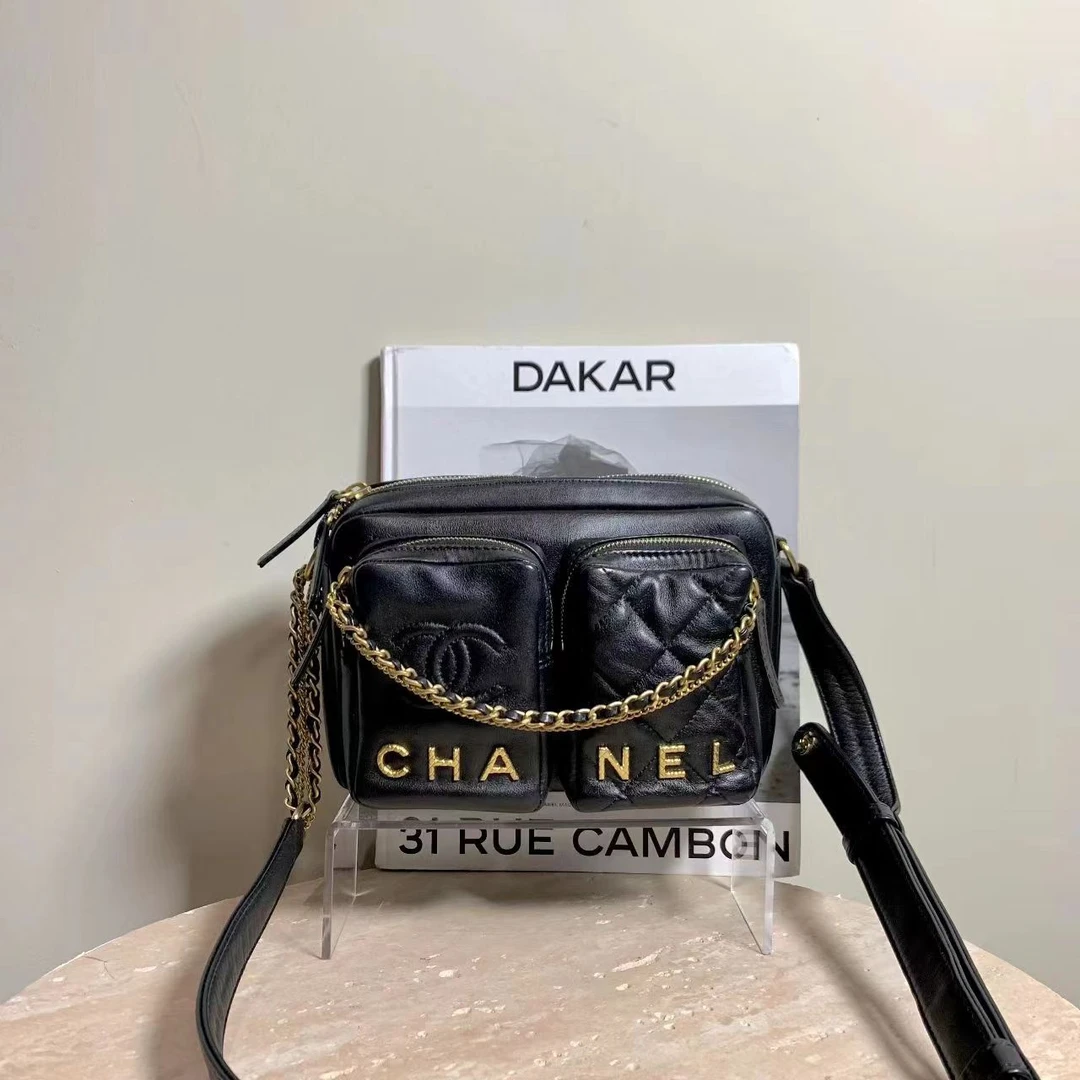 95新 Chanel/香奈儿 壹臻中古/ 22C黑金双口袋相机包 dx1803